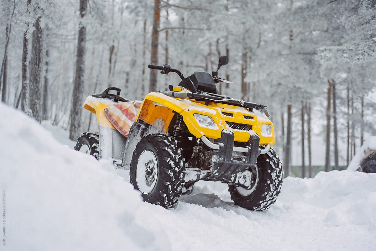 Atv vehicle in the snowy forest