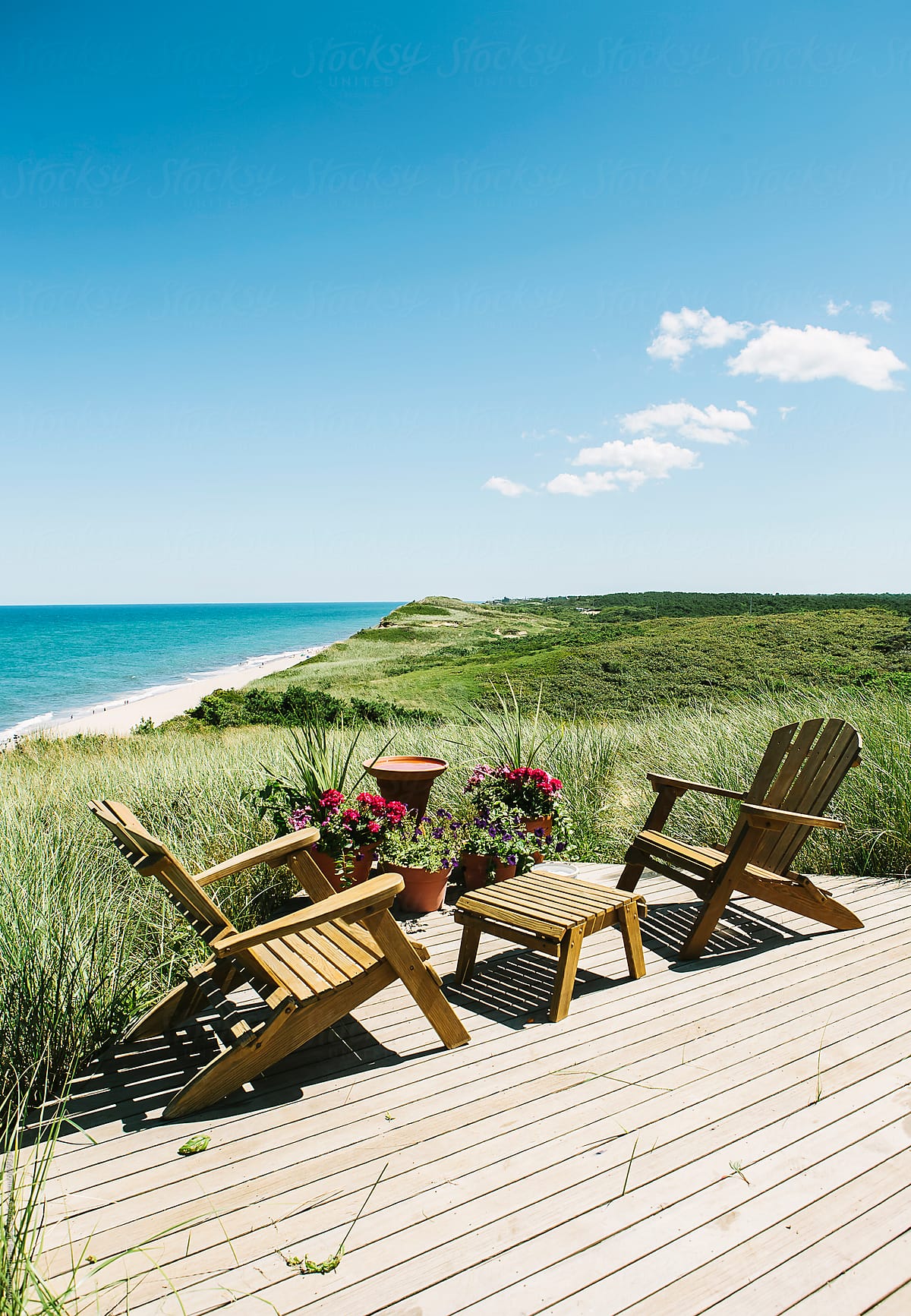 Cape Cod Porch landscape with Adirondack chairs and view