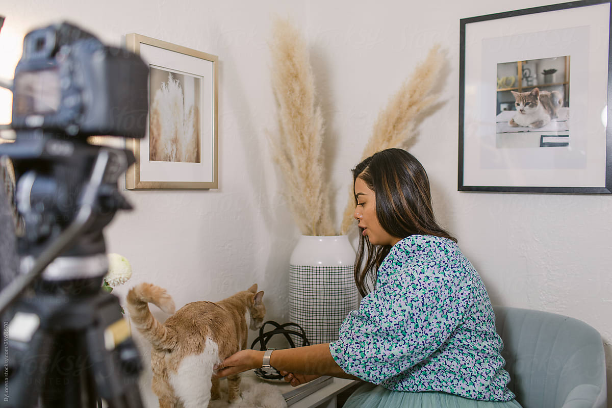 Hispanic woman playing with cat and recording video for blog