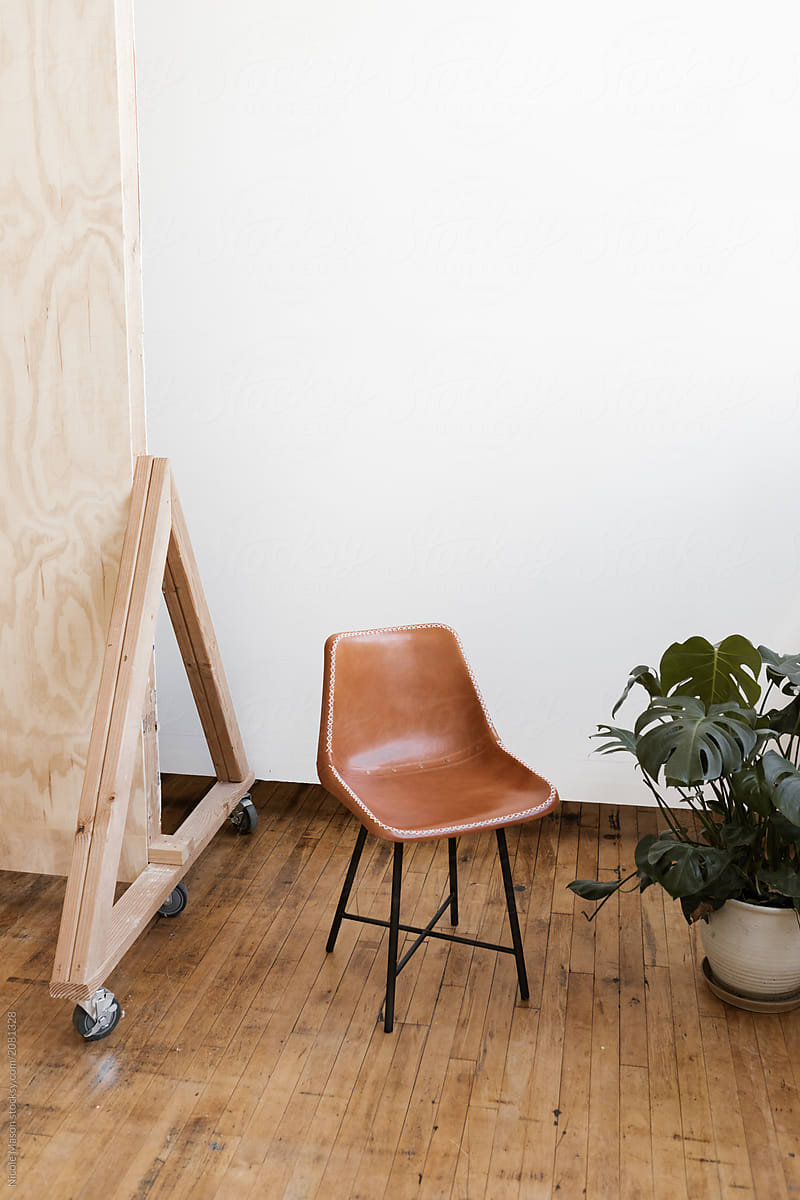 leather chair with potted plant in photo studio with plywood backdrop wall