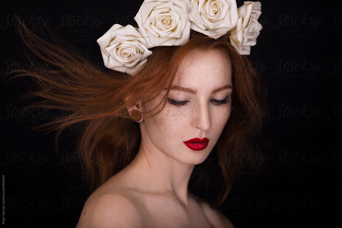 Portrait Of A Beautiful Redhead With Freckles In Studio By Maja Topcagic