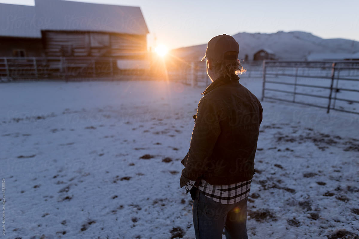 Cowboy in stables and barn gazing at sunset