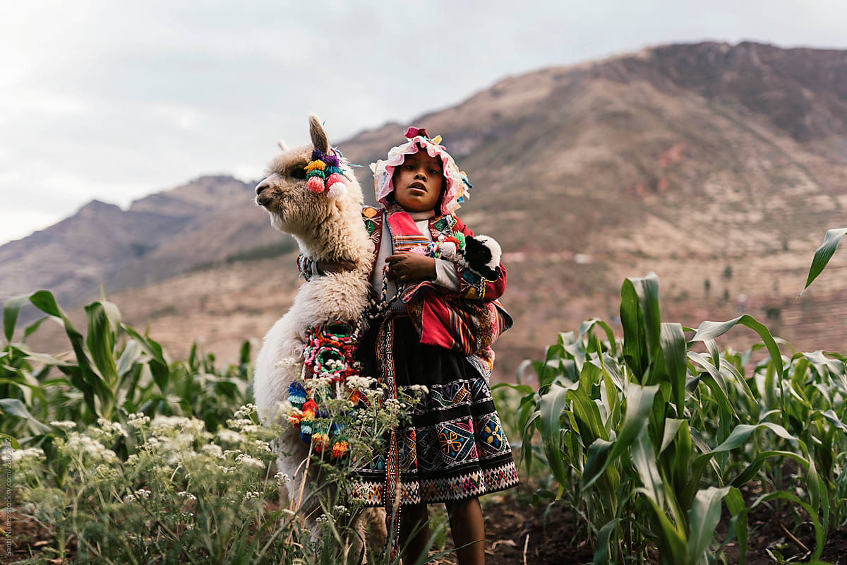 Peruvian indigenous girl looking at camera while holding an alpaca