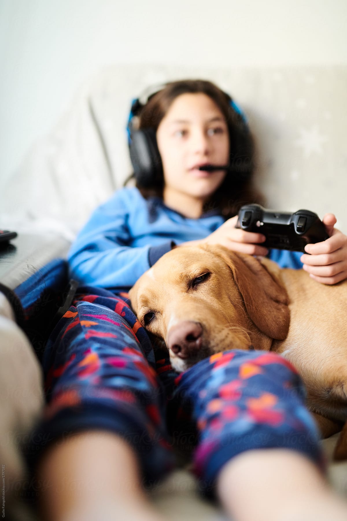 Girl with dog on sofa gaming