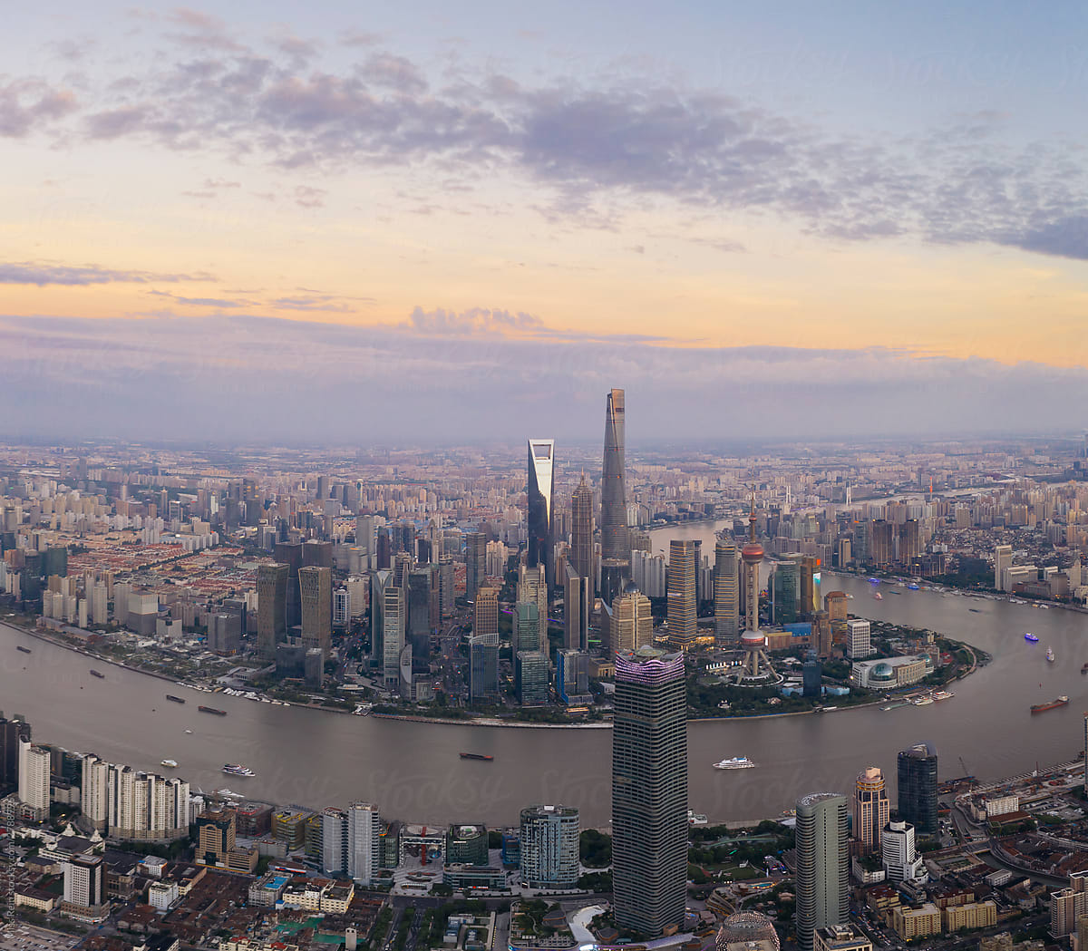 aerial view of modern buildings in city against sky during sunset,Shanghai