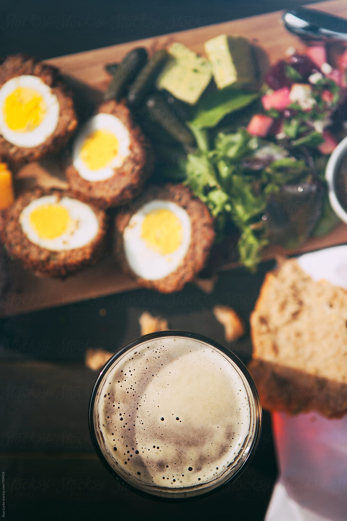 British Ploughman\'s Plate With Focus On Beer