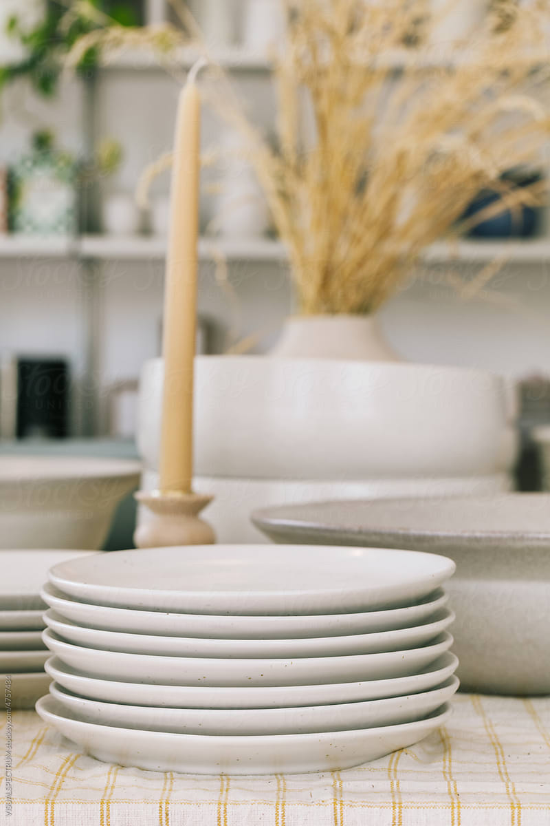 Stack of White Plates in Design Store