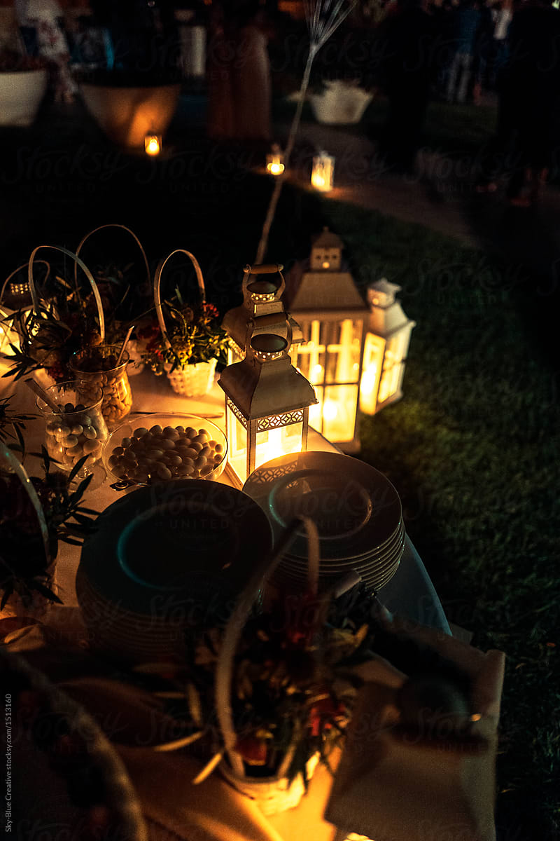 Lanterns and home decorations in a garden at night