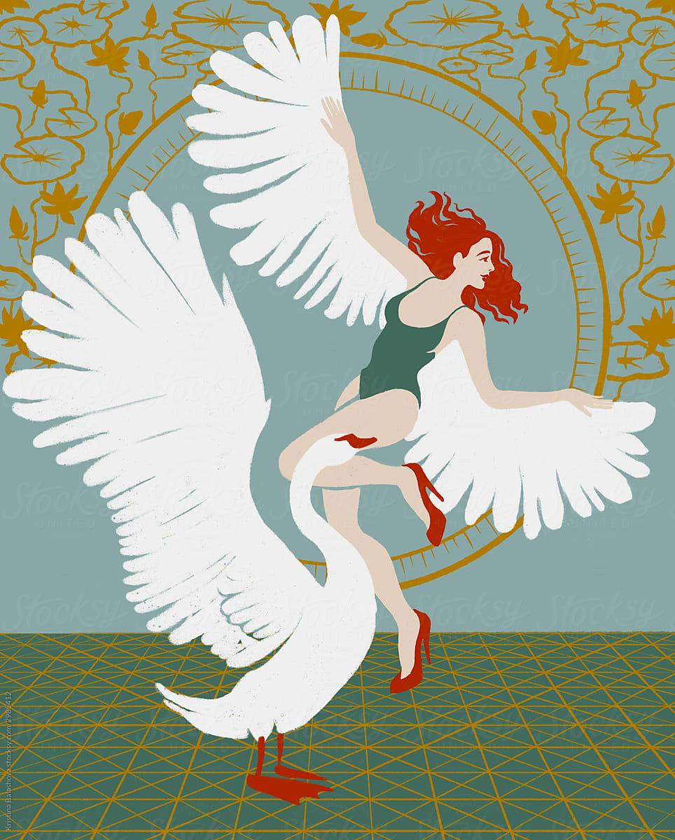 girl with white wings dancing with a white swan