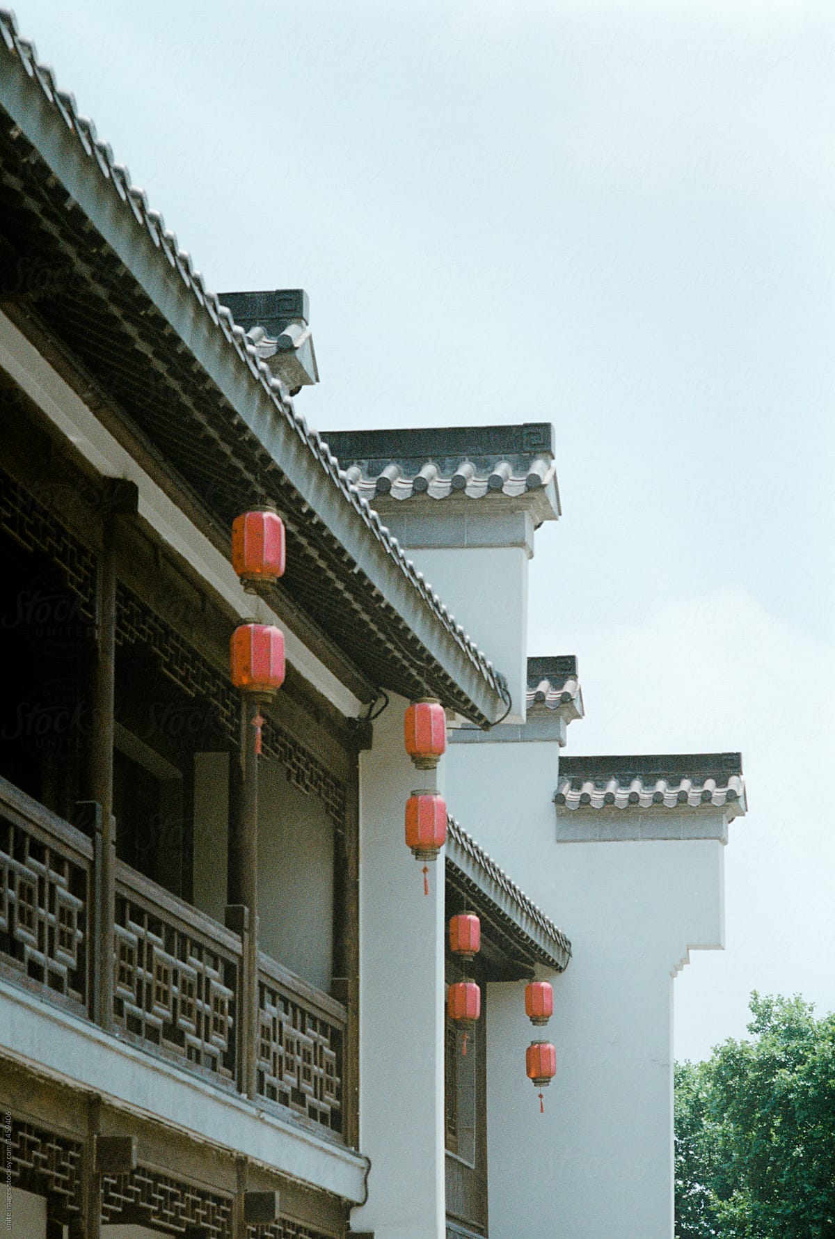 red lanterns hanging on tiled roof of traditional house,fuzimiao town,nanjing