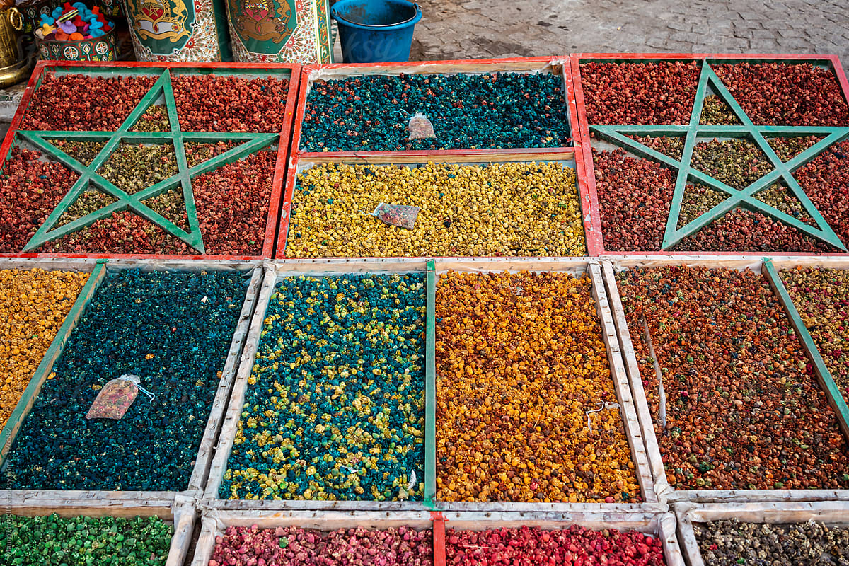 Spices in boxes for sale at the market in Morocco