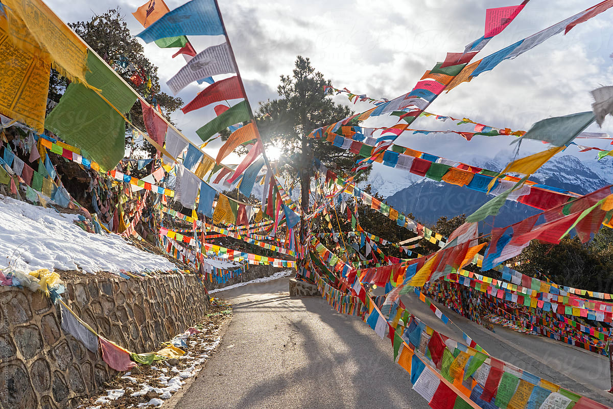 Landscape of Mountaind Road with Prayer Flags in Yunnan,  China