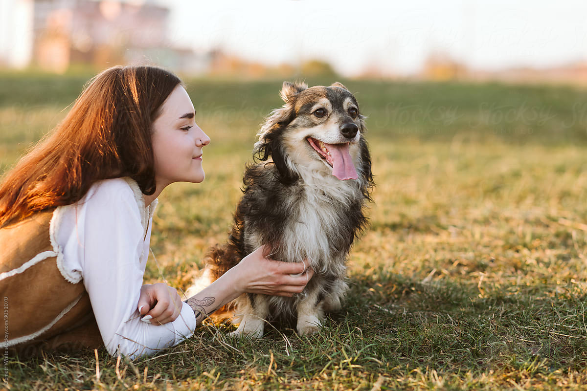 Cute dog with girl owner on grass