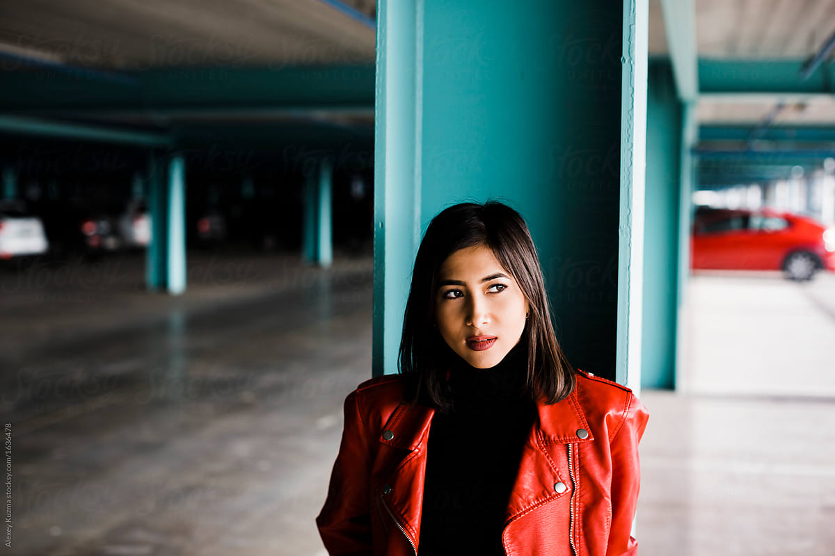 Real Teen Girl With Red Leather Jacket Del Colaborador De Stocksy