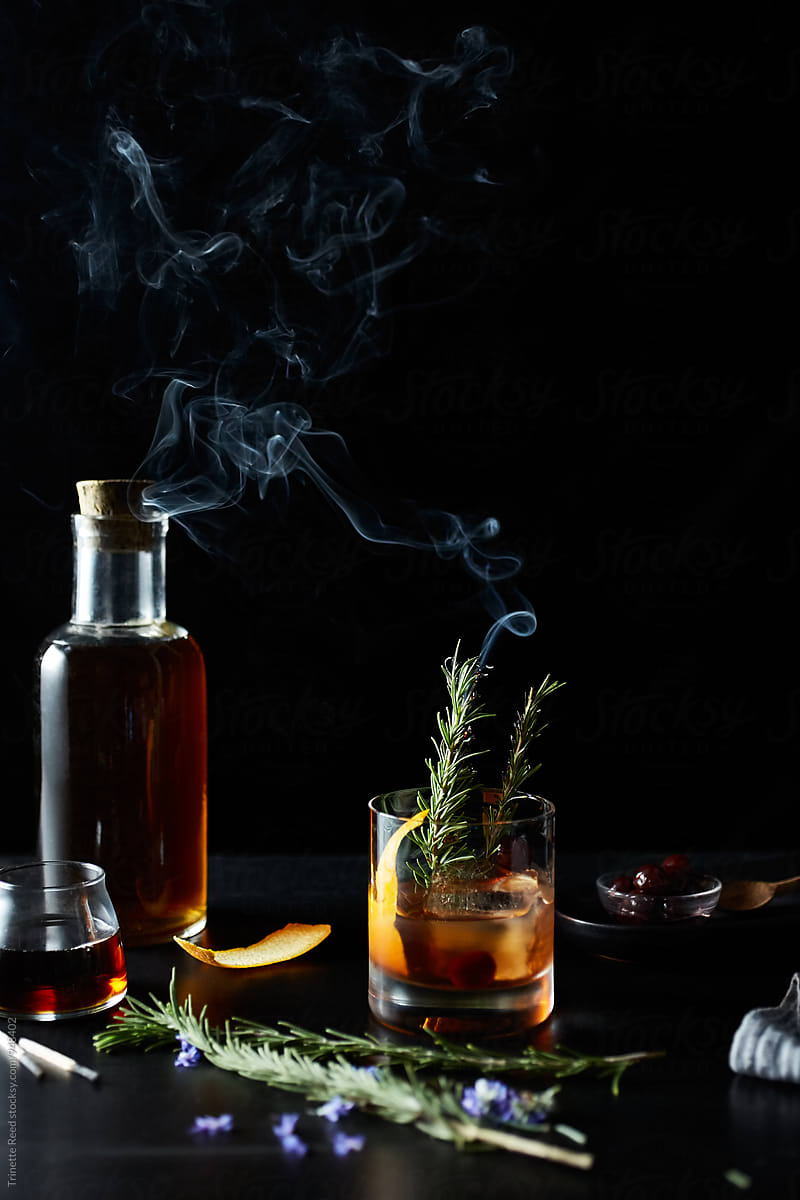 Maple Old Fashion Cocktail Drink with Smoking Rosemary