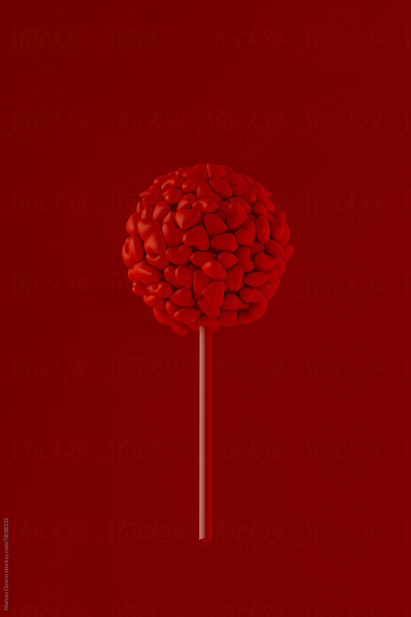 Lollipop made of hearts on red background