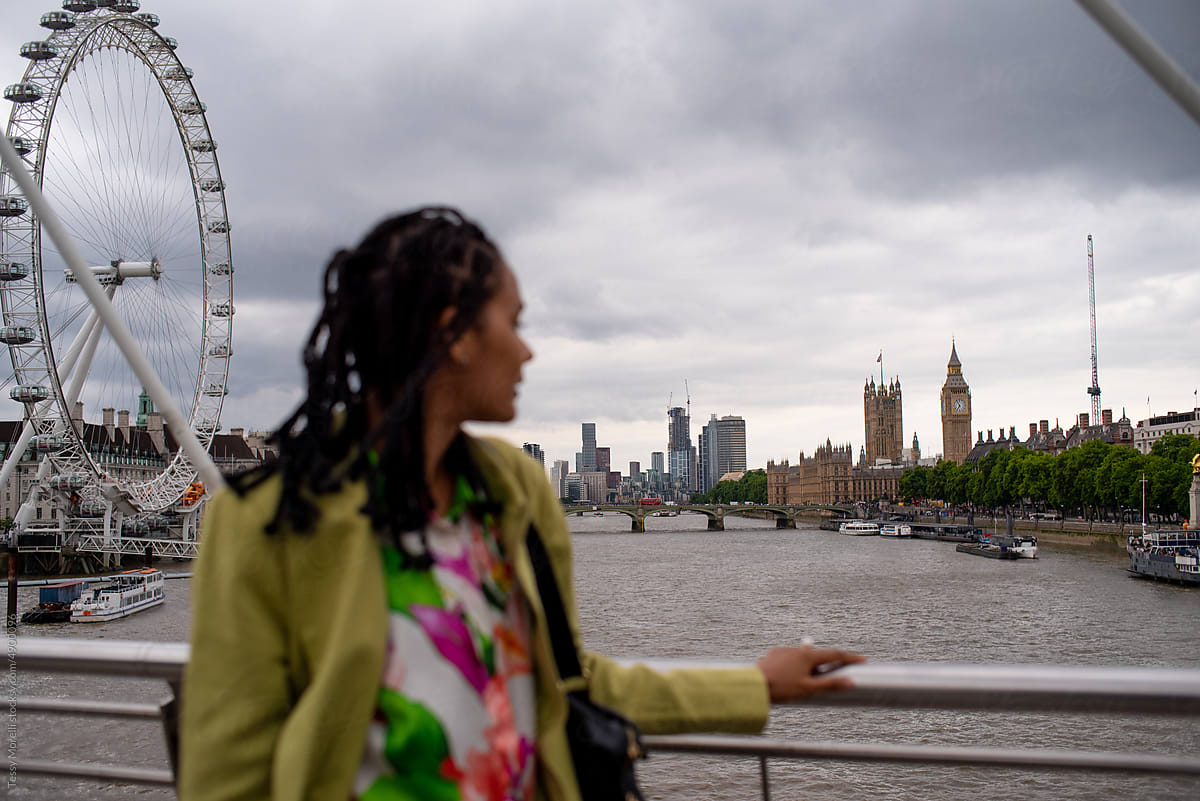 London tourist candid portrait with London Eye and Big Ben