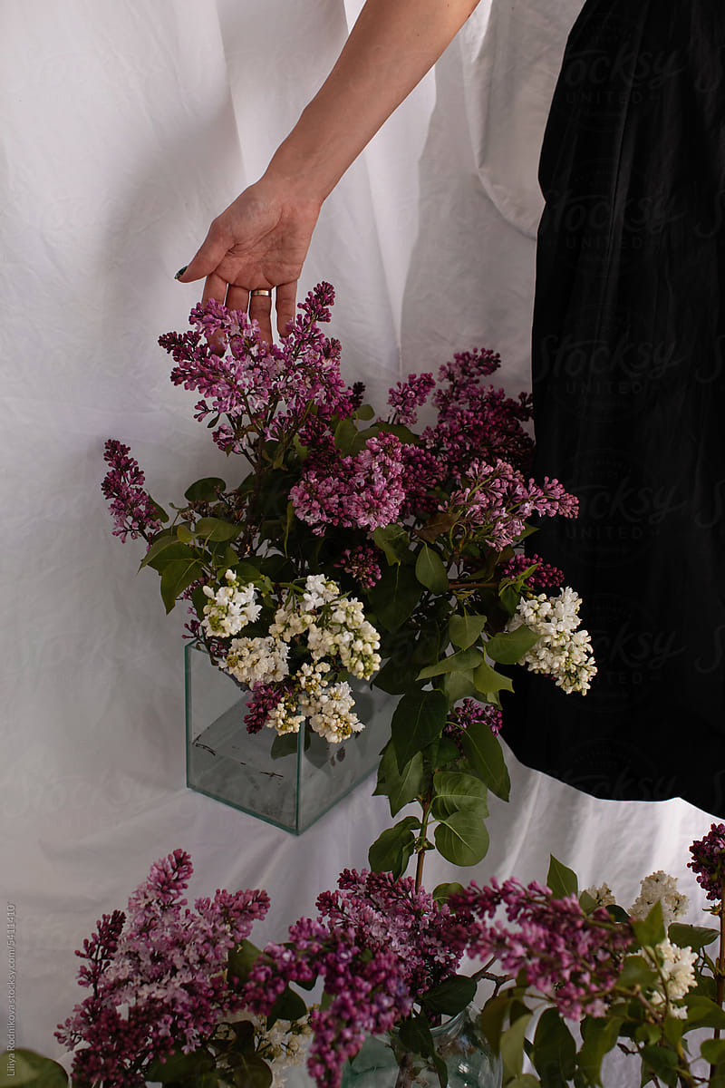 Anonymous woman touching lilacs