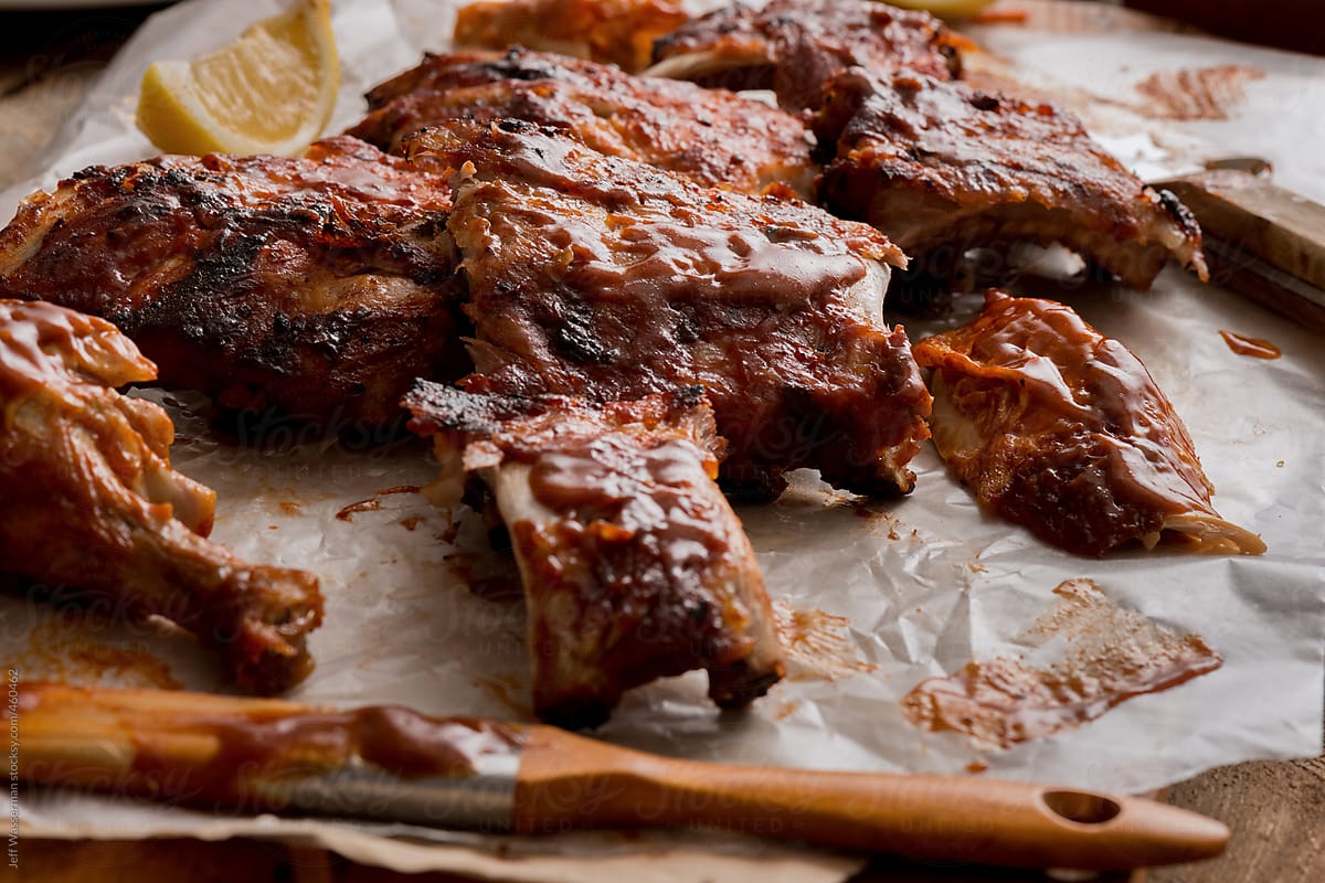 Barbecue Ribs and Chicken in Closeup View