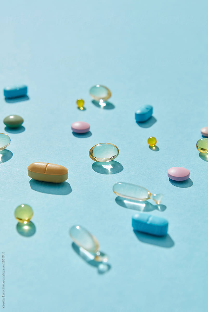 Different medical capsules, tablets and pills.