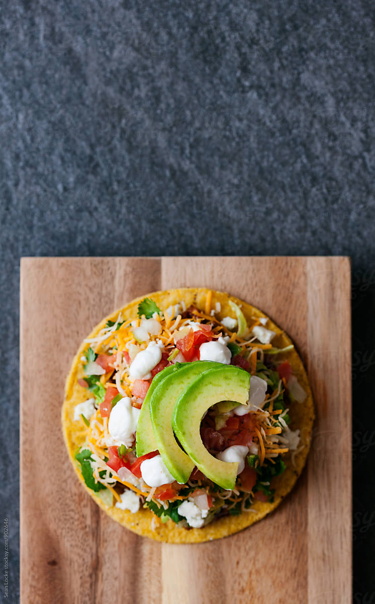 Tacos: Overhead View Of Ground Beef Tostada With Copyspace