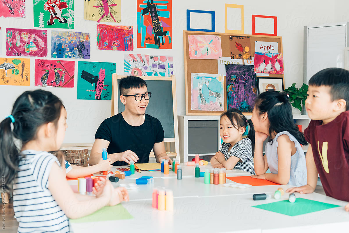 Teacher and students in art class