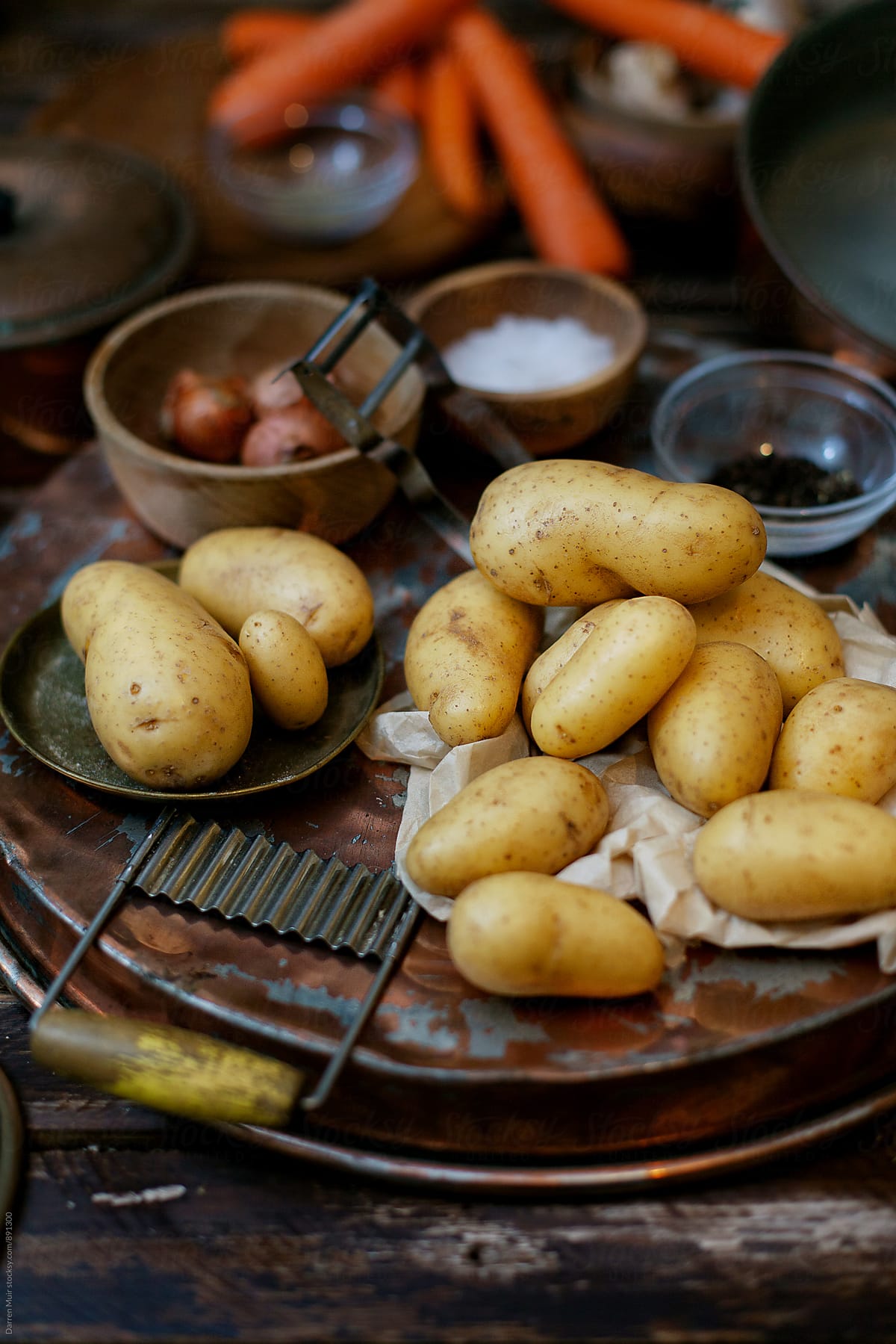 Fingerling potatoes in a rustic background.
