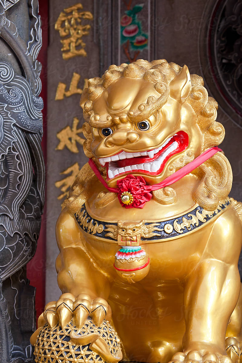 Detail of Chinese Temple lion statue, Chinatown, Singapore, South East Asia