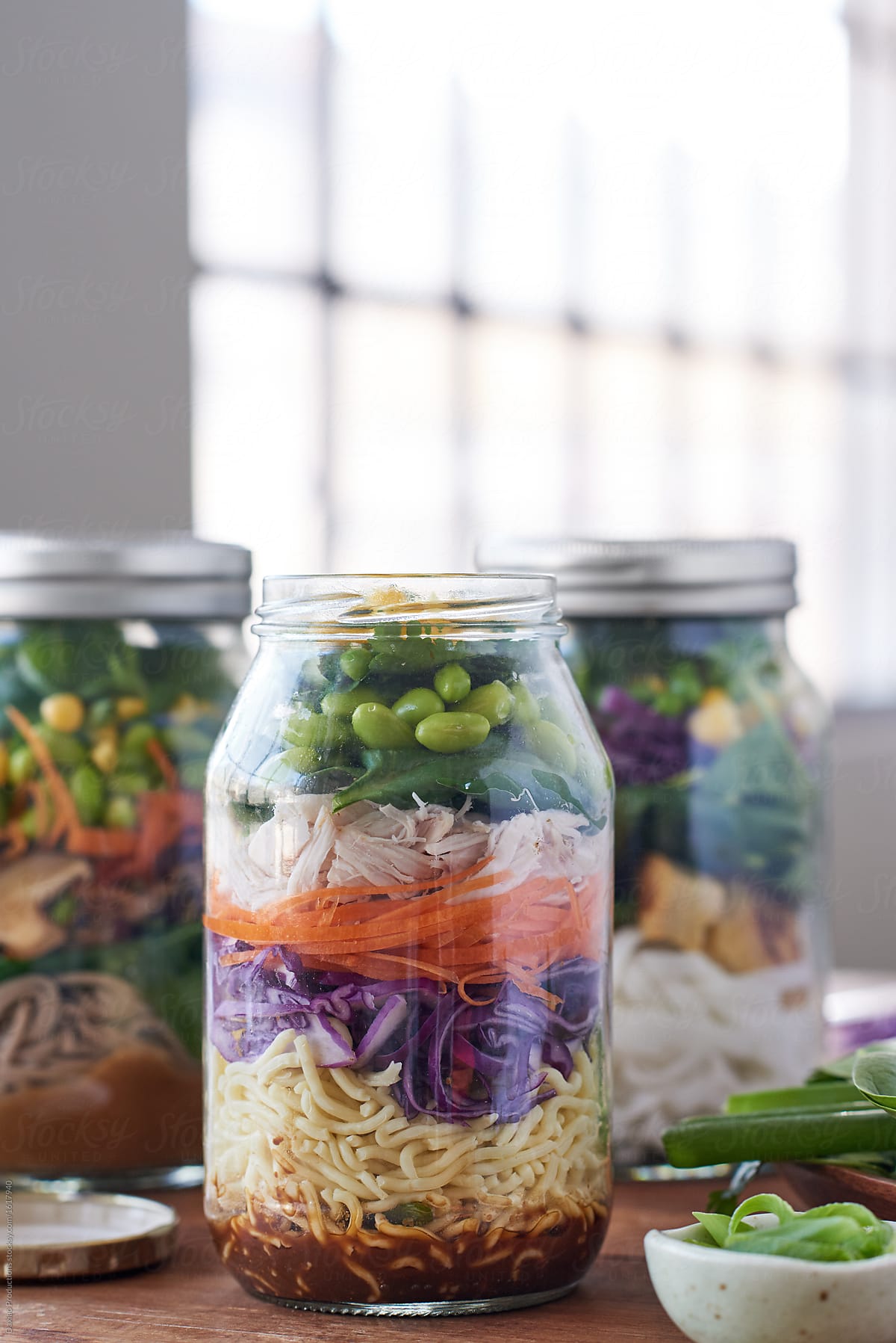 Lunch salad jars on kitchen counter