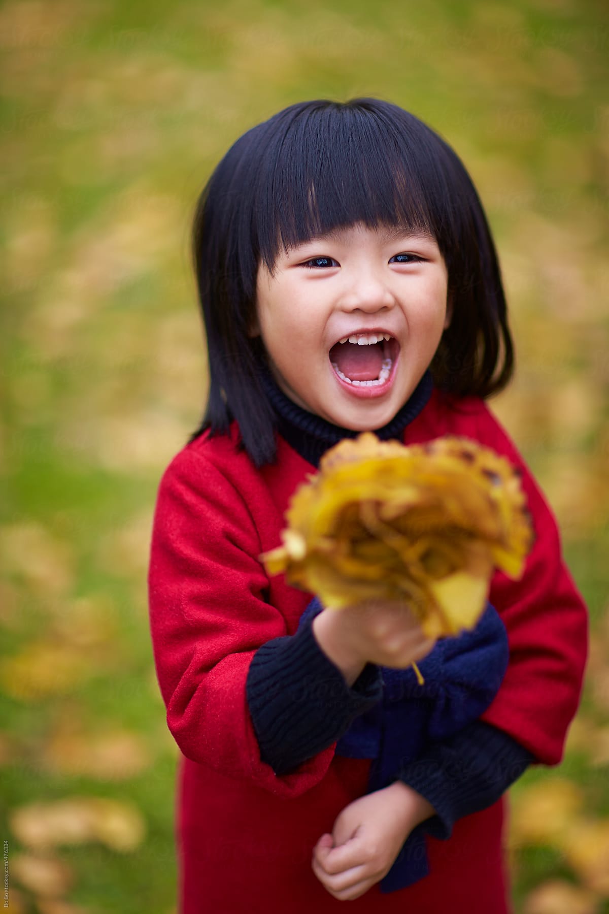 Happy Little Asian Girl Holding Gingko Leaf Smile by Bo Bo
