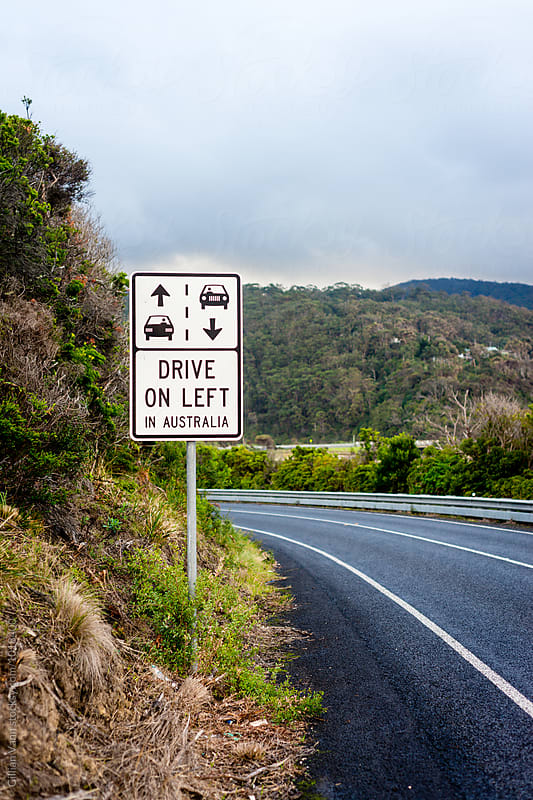 road sign for drive on the left in Australia, along the iconic Great Ocean Road