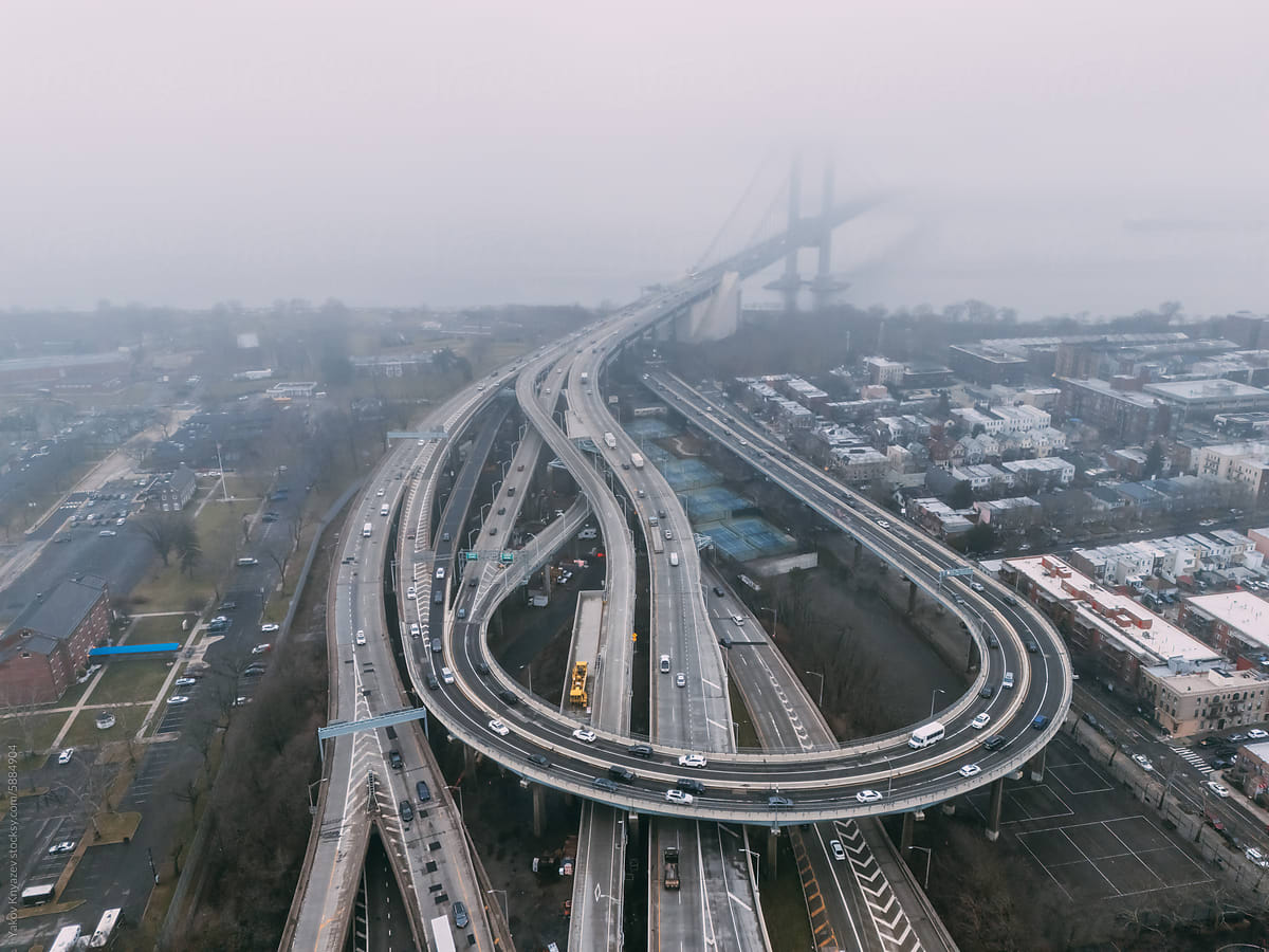Misty Day Over Urban Highway Interchange