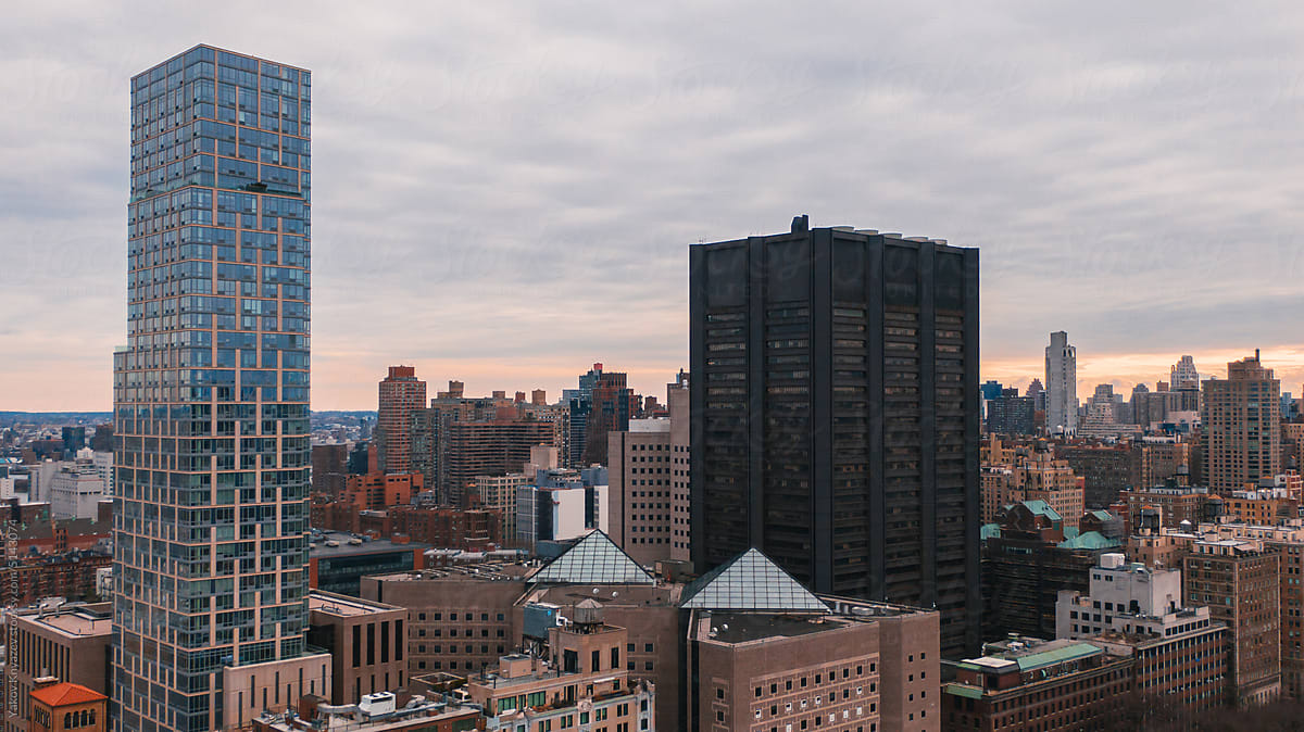 two high rise buildings at manhattan, drone shot