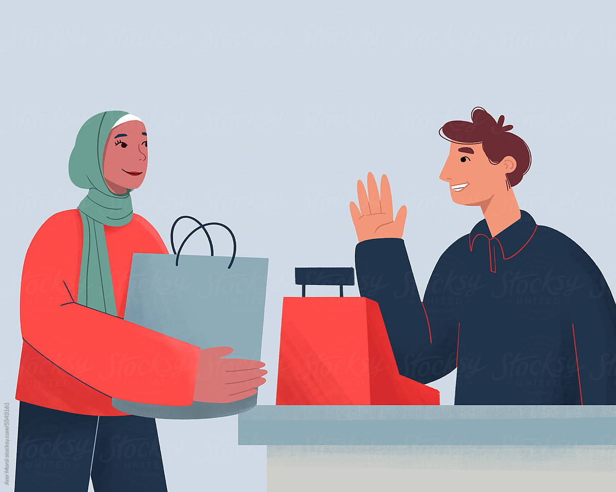 Illustration: Muslim Woman with Shopping Bag at Cashier