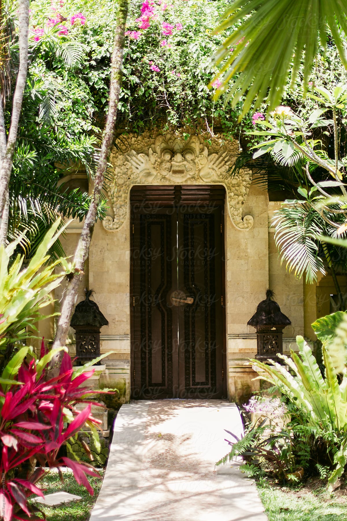 Beautiful wooden door of a luxury villa in Bali