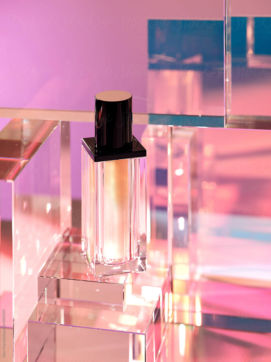 Perfume Bottle on podium with gloss glass on pink background.
