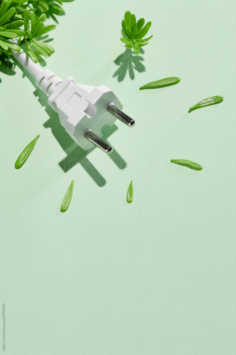 Power plug wrapped green leaves on light green background.