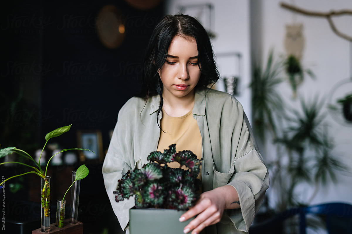 Designer arranging pot with exotic plants