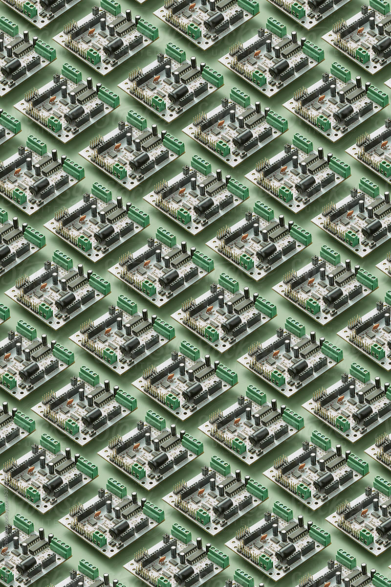 Pattern with repeated circuit boards and semiconductors.