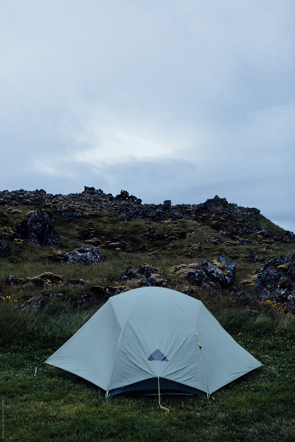 Camping tent set up in front of volcanic rocks and green grass in Iceland