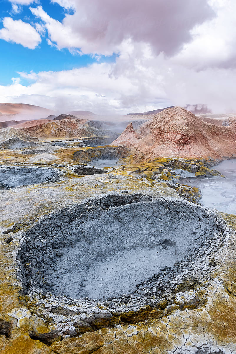 Volcanic activity with grey mud pits