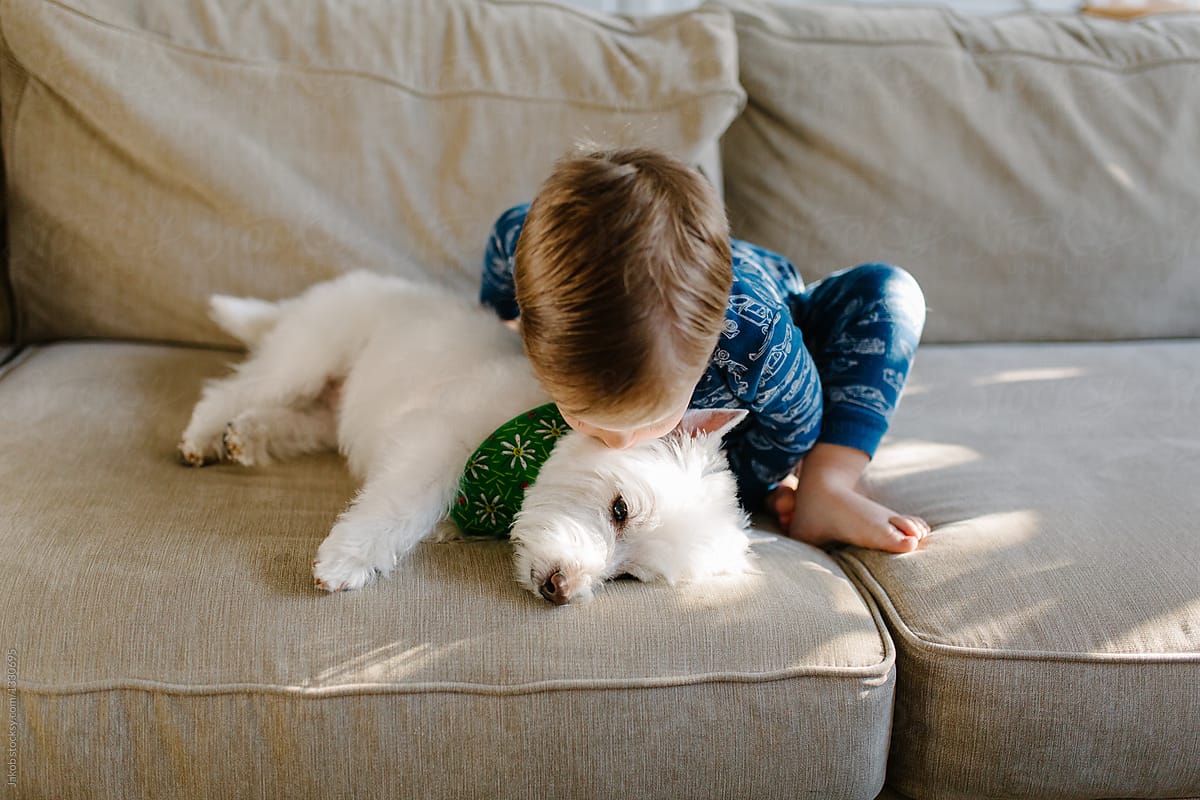 Cute young boy in a pajama kissing his dog