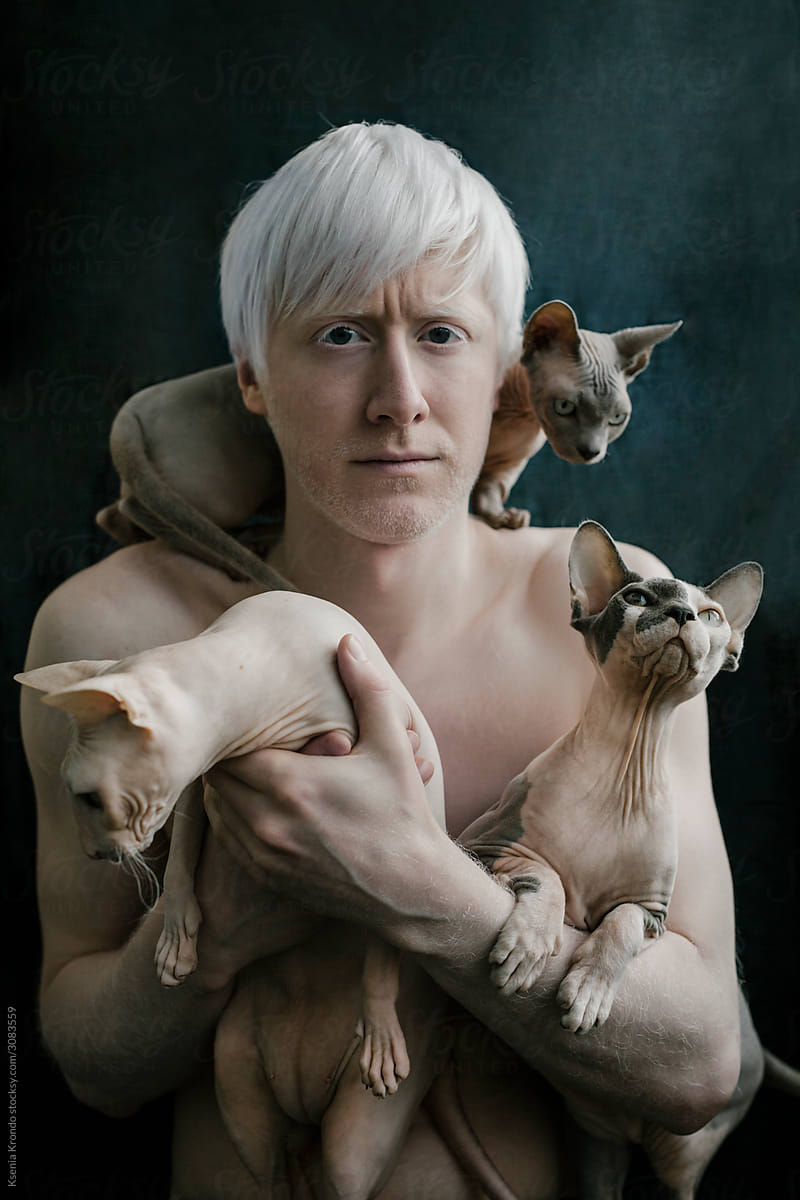 Albino man with three sphinx cats in his hands