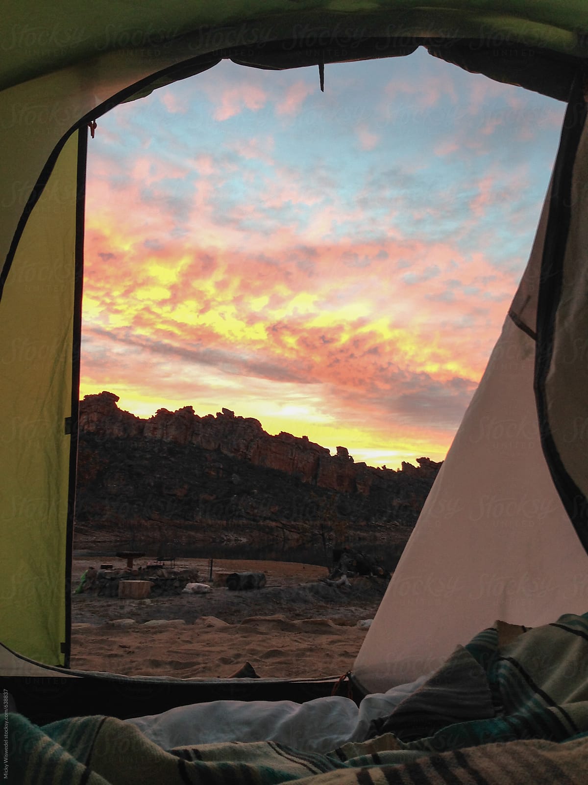 Dawn view through a camping tent