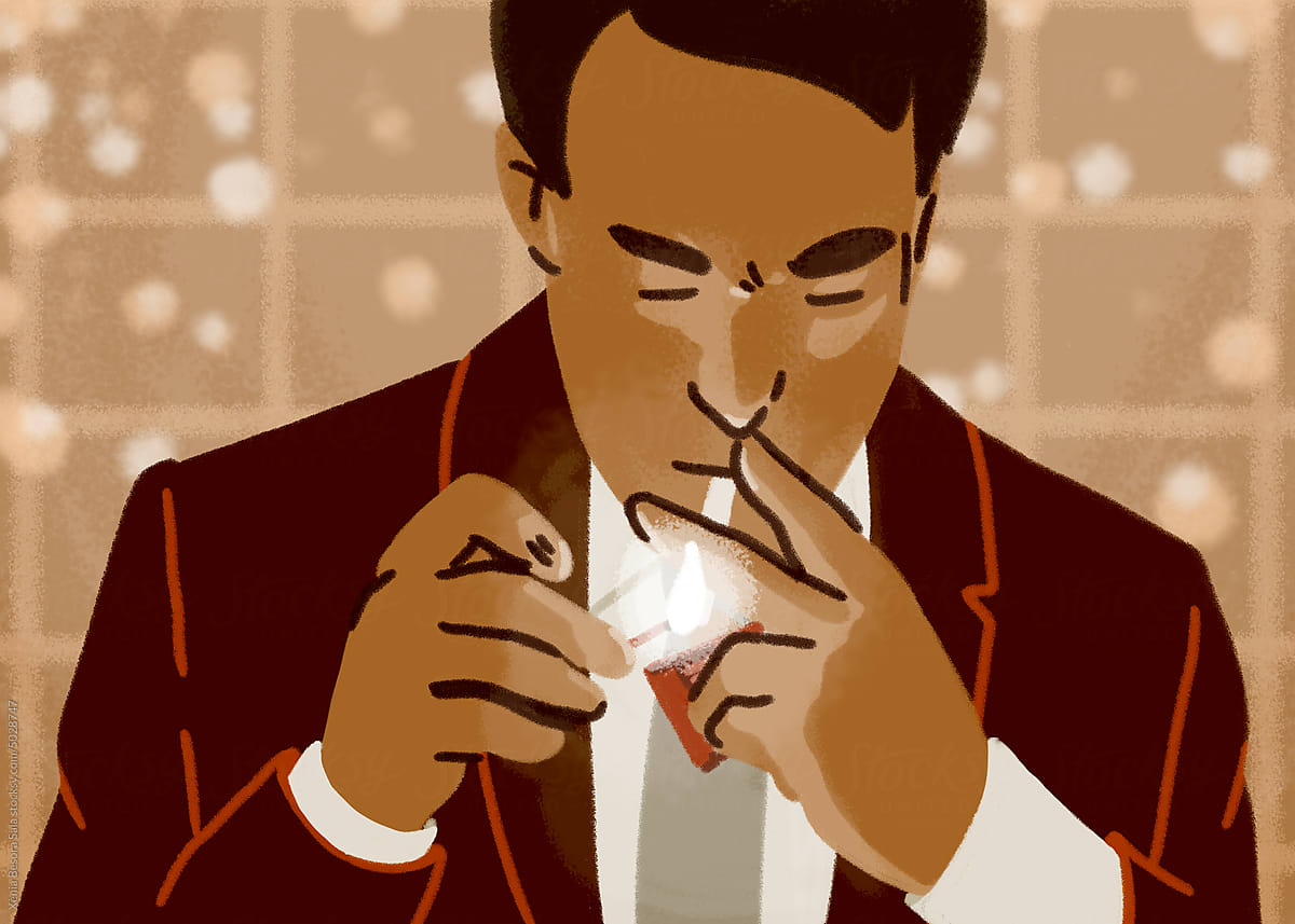 Man in suit lighting cigarette