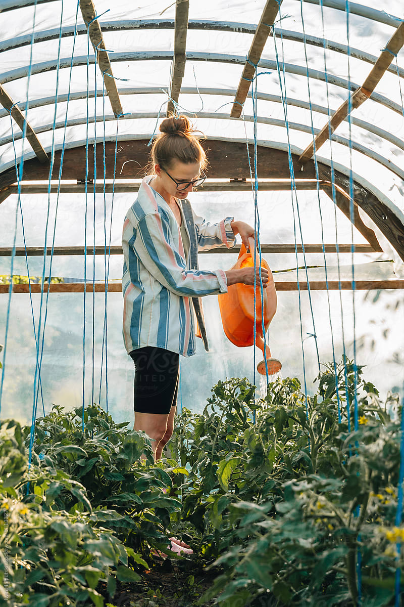 Millennial woman working in backyard greenhouse watering vegetables