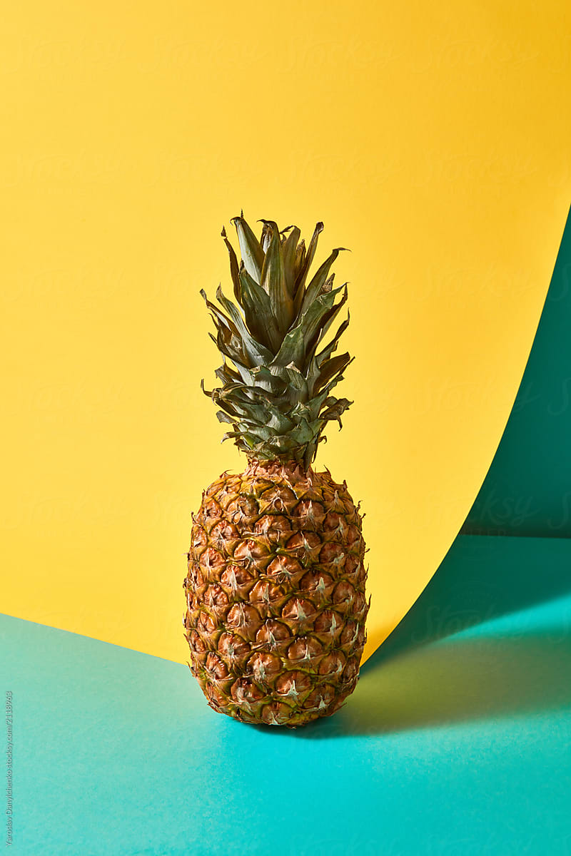 Tropical Pineapple fruit single on a duotone yellow-green backgr