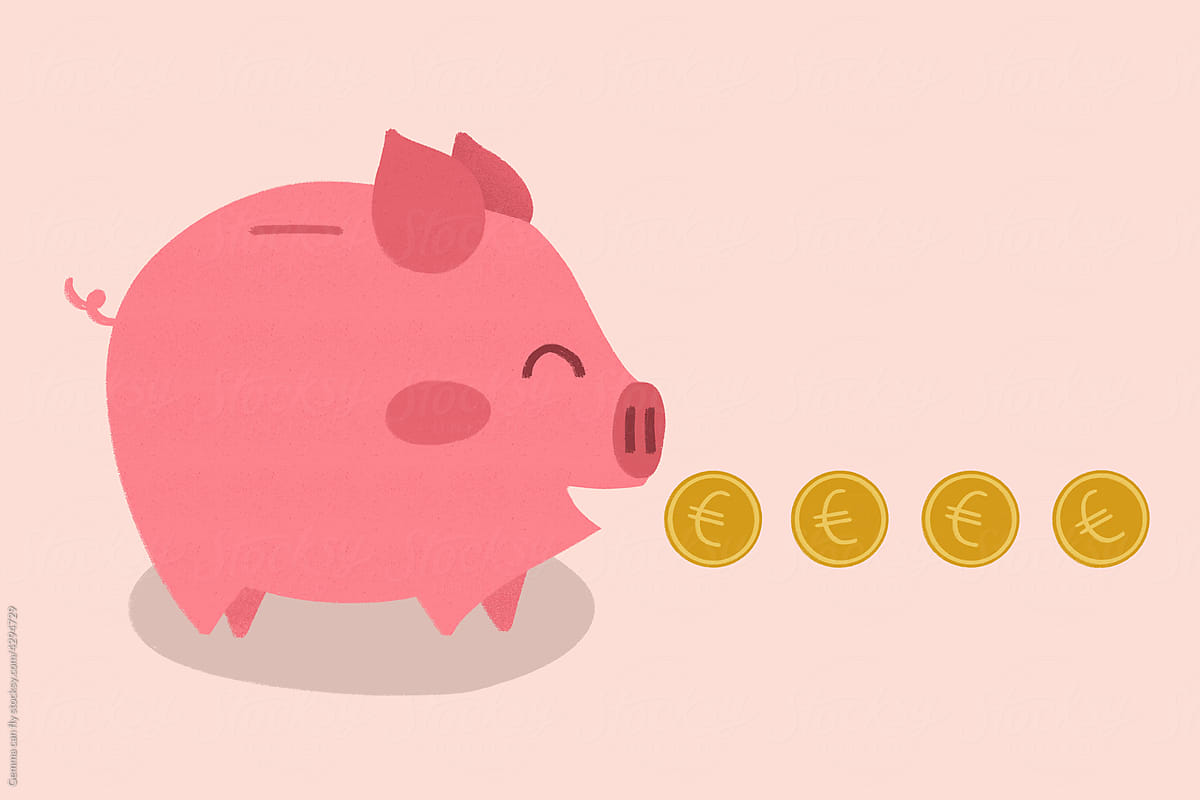 Piggy bank eating euro game illustration