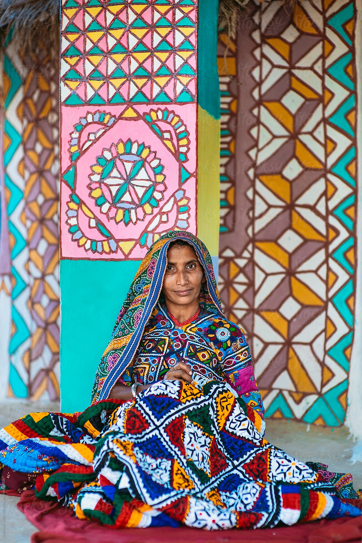 Meghwal Woman Embroidering Fabric Outside House.