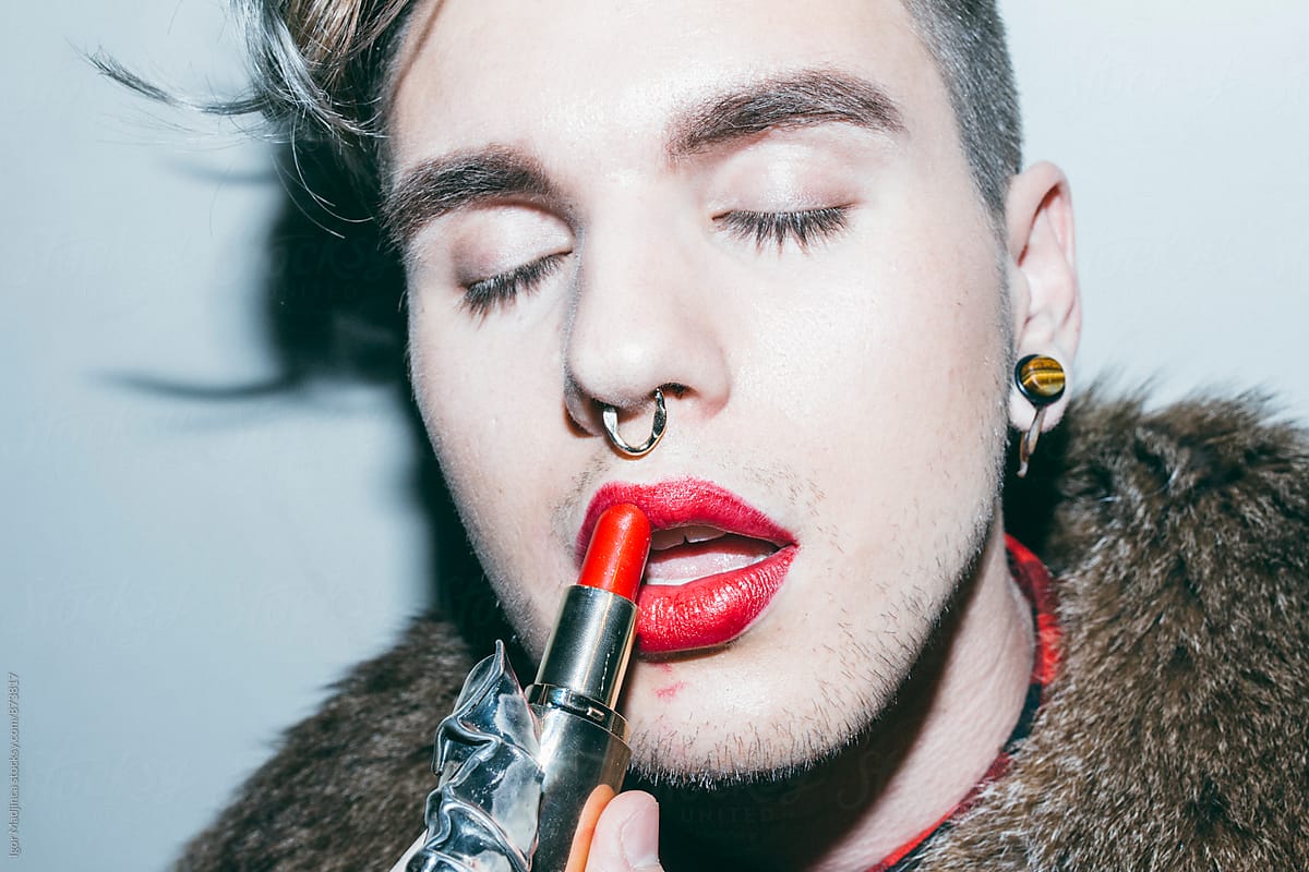 red lipstick, a fashionable young man in a Fur Coat